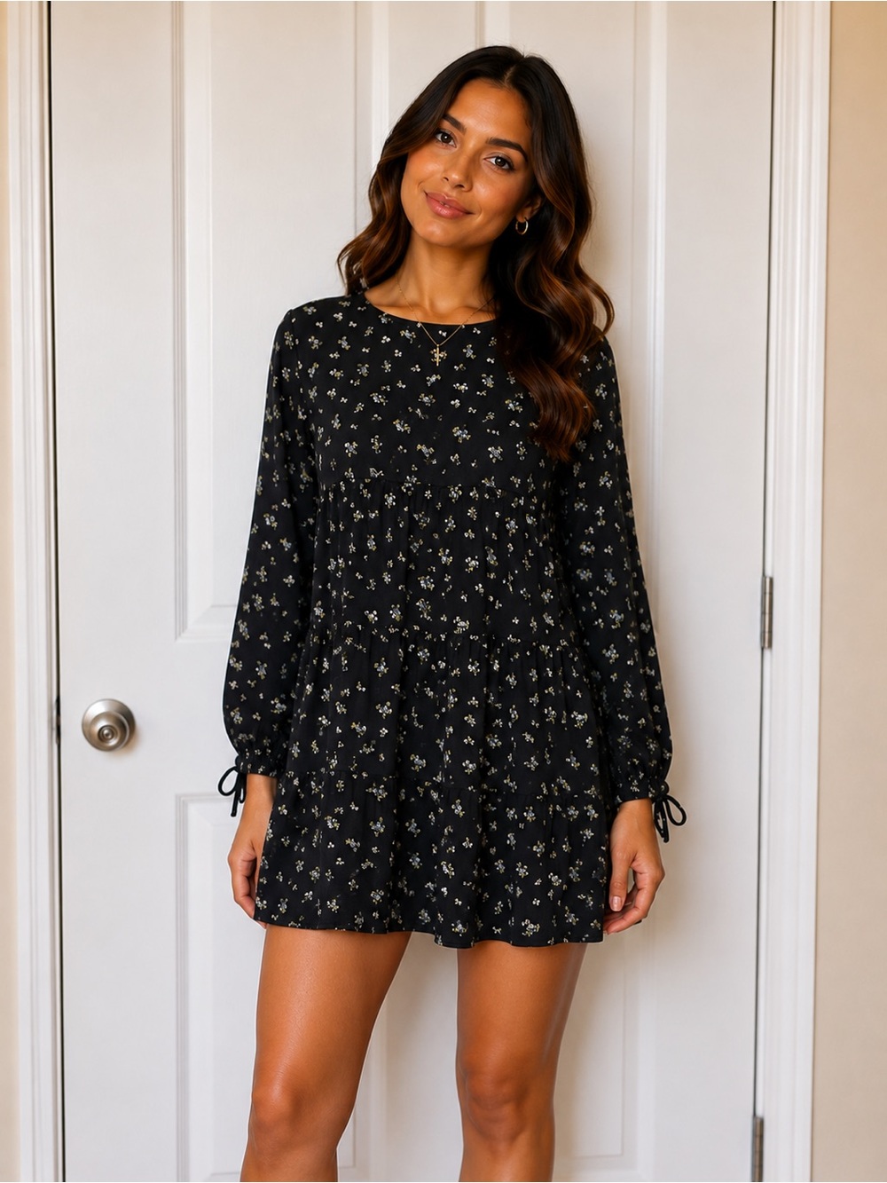 Black Floral Tiered Long Sleeve Dress